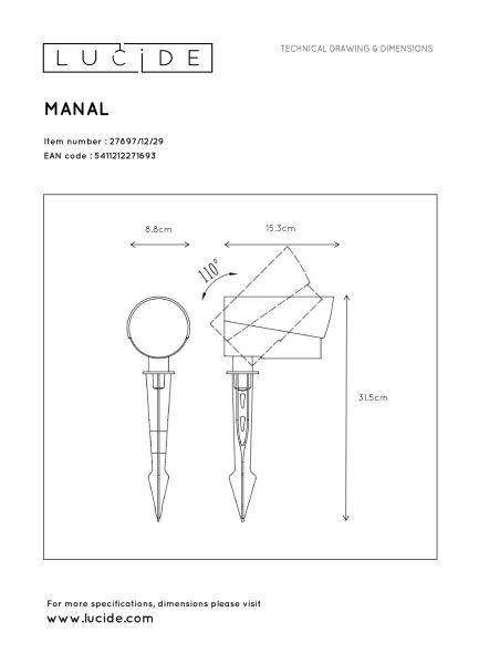 MANAL - Tuinspot Buiten - LED - 1x12W 3000K - IP65 - Antraciet