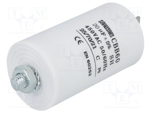 [CBB60E-20/450] Condensator motoren 20uF 450VAC Ø40x70mm m8 ±5% SR PASSIVES